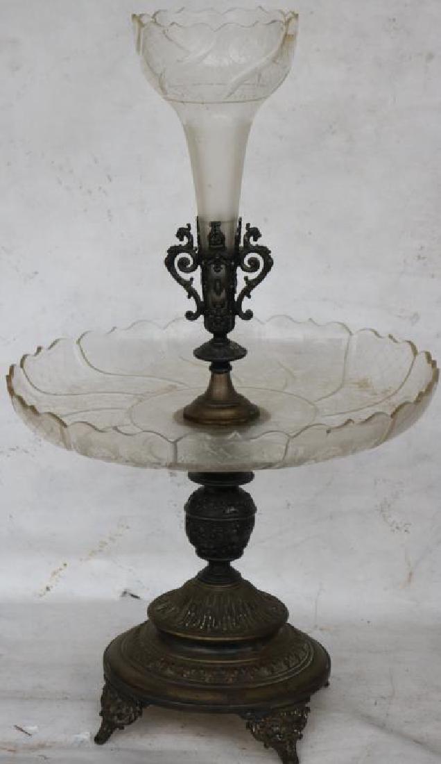 19TH C. ETCHED GLASS EPERGNE W/SILVER PLATED BASE: AND MOUNTS, SILVER PLATE SHOWS WEAR, 20 3/4" H X 12"DIAMETER