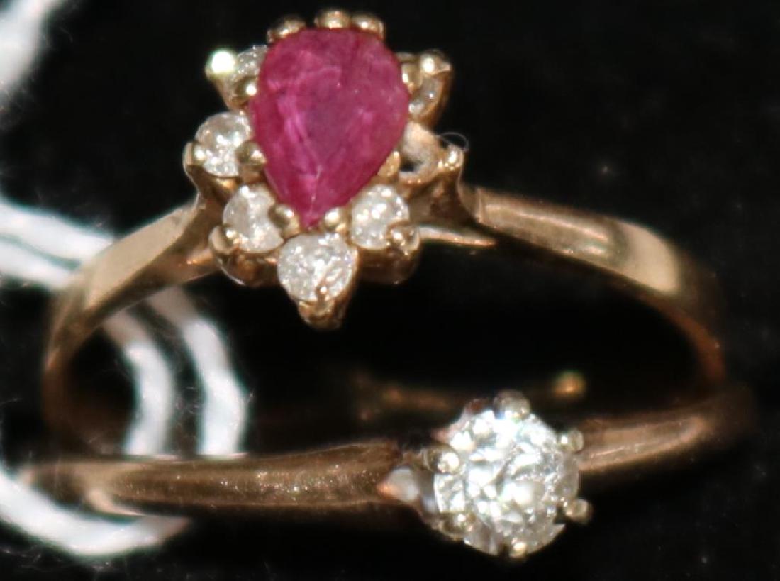 2 14K GOLD LADIES RINGS INCLUDING DIAMOND, .16: CARAT SOLITAIRE, TOGETHER W/ DIAMOND RUBY CLUSTER, MISSING ONE DIAMOND CHIP SIZES 5 1/2 AND 6