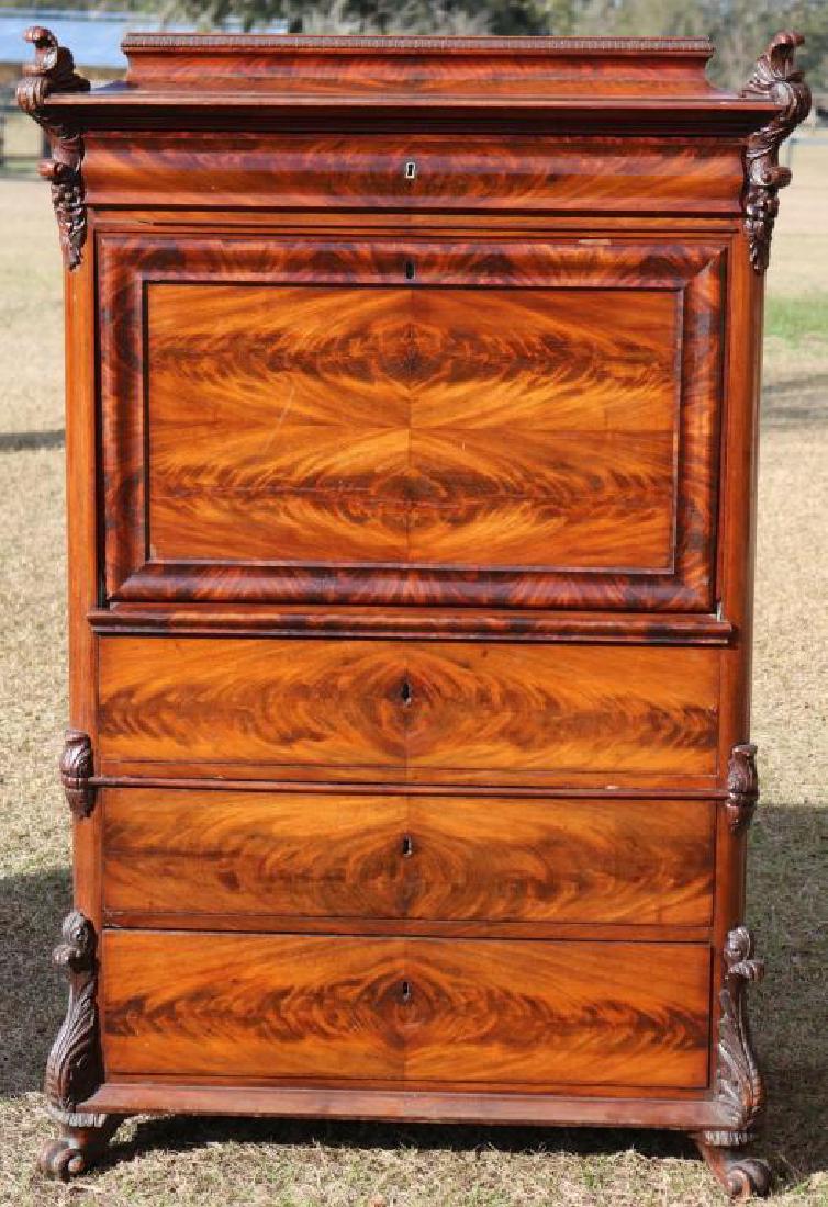 19TH C. MAHOGANY VENEERED AND CARVED SECRETARY: ABUTANT, MADE IN TWO PARTS, FALL FRONT W/ EXCEPTIONALLY INLAID INTERIOR, CHIP ON LID, CLEAN OVERALL CONDITION, OLD FINISH, 62"H X 40"W X 20"D
