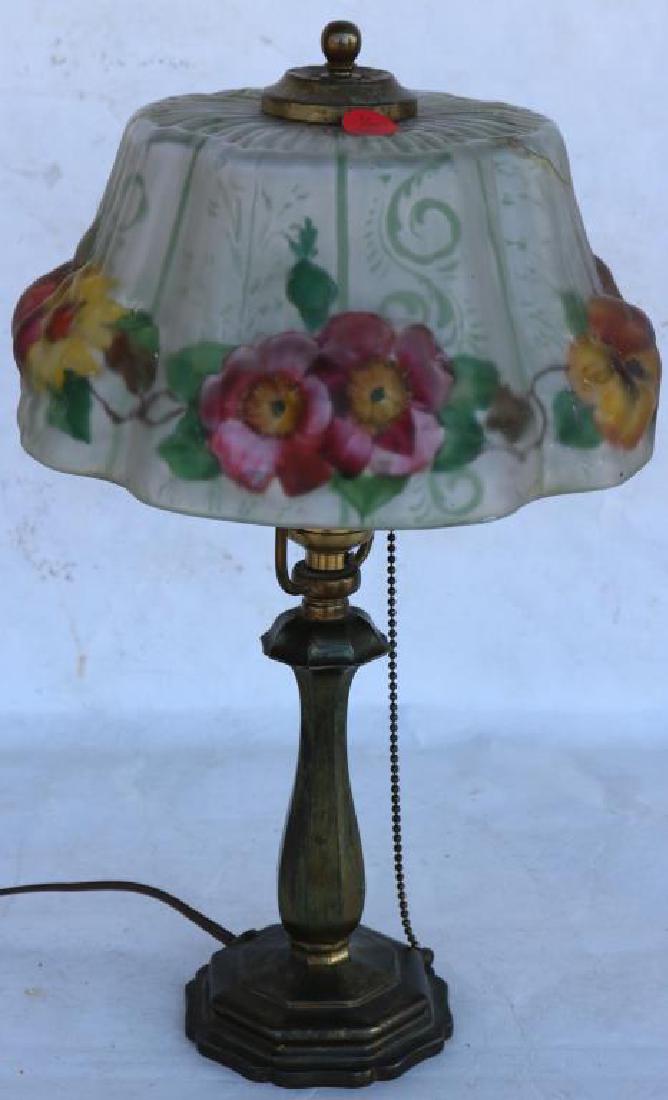 PAIRPOINT REVERSE PAINED BOUDOIR LAMP W/ PUFFY: FLORAL DECORATION, SHADE HAS BEEN BROKEN AND REPAIRED, BUT INTACT, APPROX. 14 1/2"HH X 9" DIAMETER
