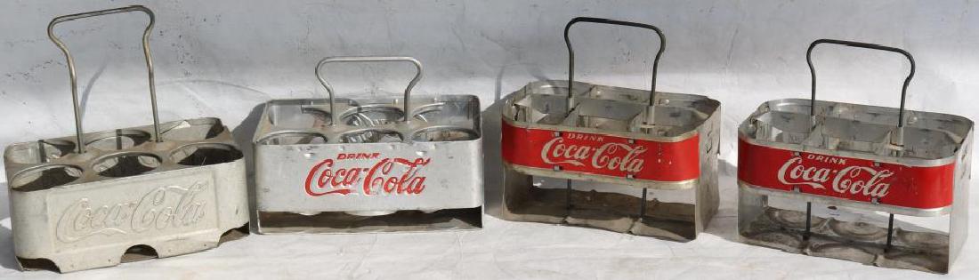 4 LITHO METAL COKE BOTTLE HOLDERS, 6 BOTTLES EACH,: ONE W/ RAISED LETTERS, ONE W/ INCISED LETTERS AND TWO LITHOS, 7 1/2" TO 8 1/4"W