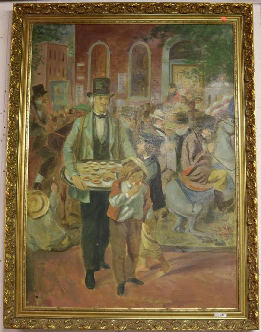 LARGE FRAMED OIL ON CANVAS DEPICTING PIE SELLER,: GOLD FRAME, APPROX. 44"H X 32"W, SHOWS SMALL HOLE IN LOWER LEFT
