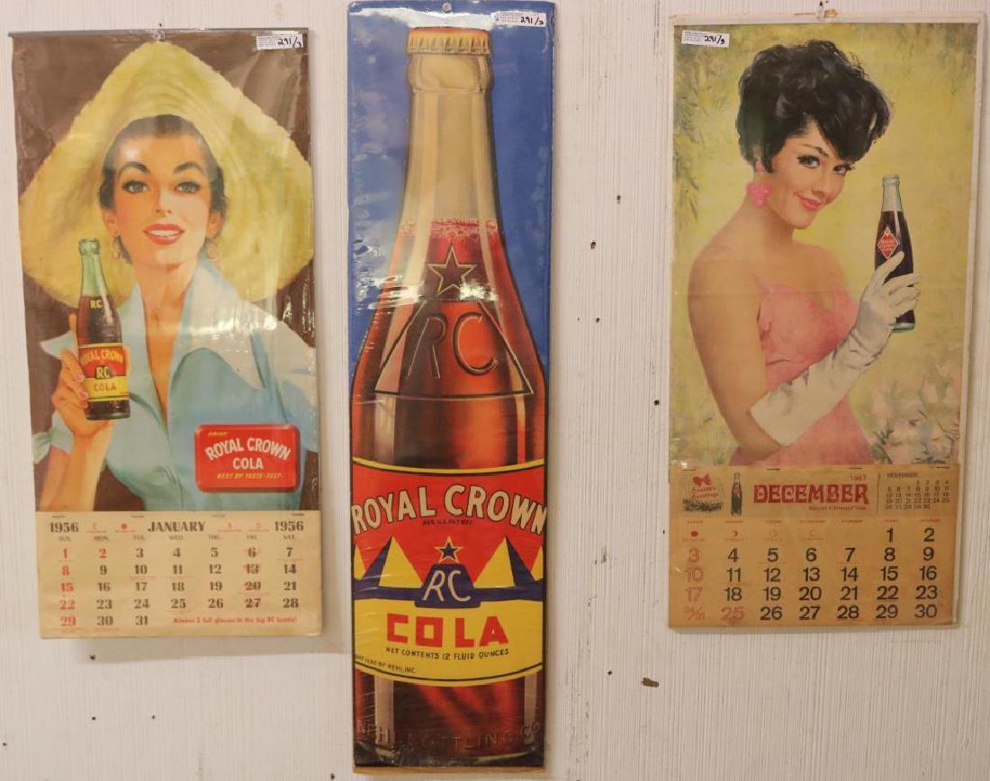 LOT OF 3 ROYAL CROWN COLA ADVERTISING ITEMS INC.: 1956 AND 1967 CALENDARS AND BOTTLE POSTER, 24"H X 11 1/2"W AND 31"H X 7 3/4"W
