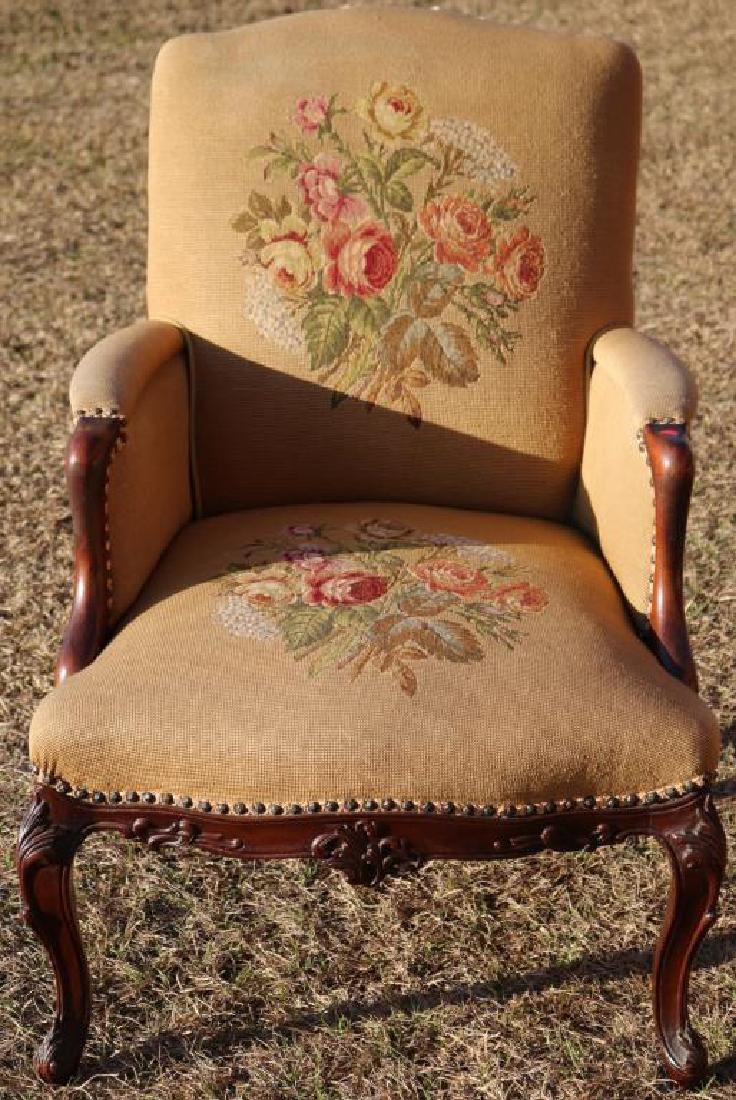 EXCEPTIONAL QUALITY VICTORIAN ARM CHAIR,: MAHOGANY, NEEDLEPOINT BACK AND SEAT W/ CARVED CABRIOLE LEGS, 38"H X 27"W X 23"D
