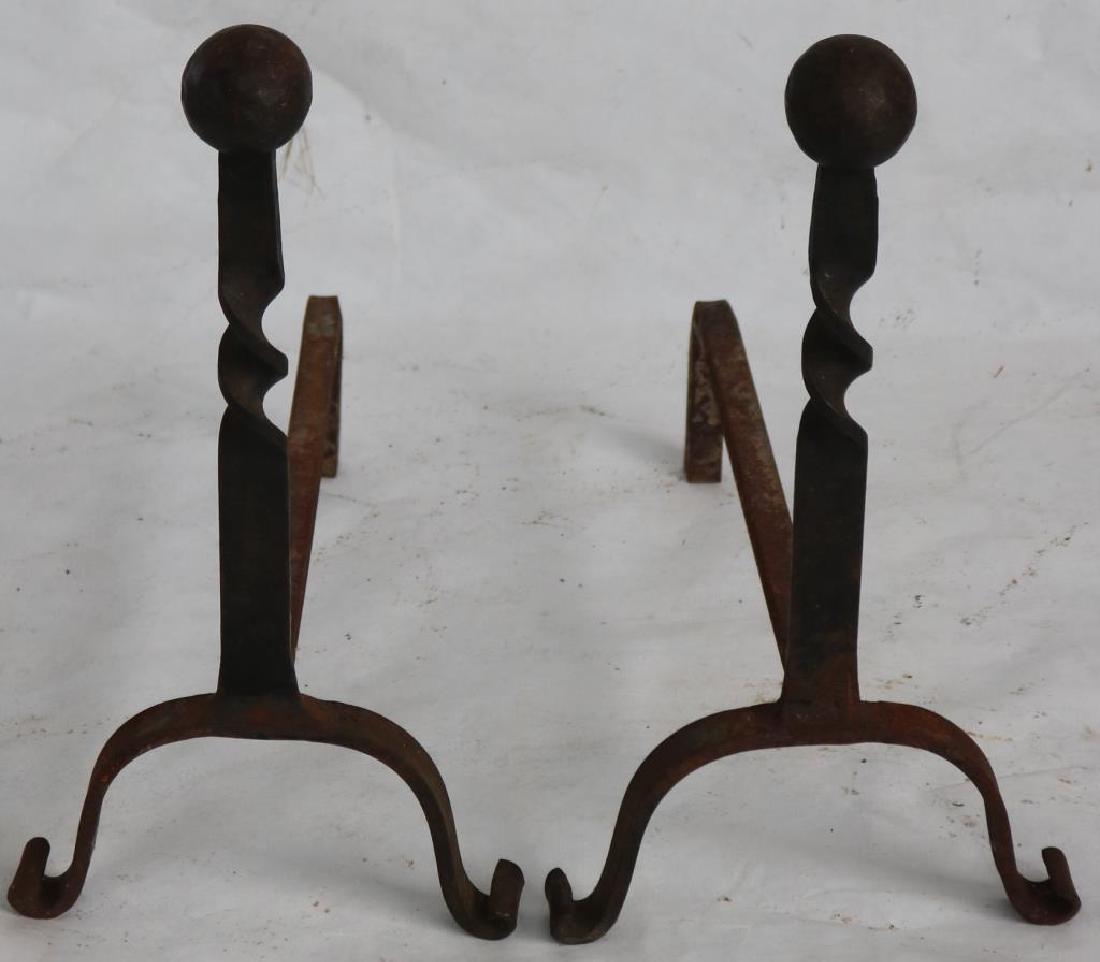 PR OF WROUGHT IRON ANDIRONS W/ BALL TOP AND: TWIST SHAFT, 18"H X 10"W X 17"D