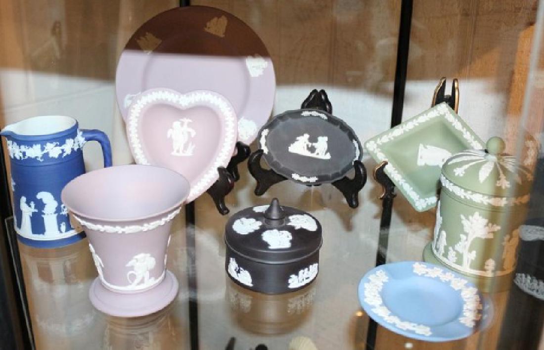 9 PC COLLECTION WEDGWOOD JASPERWARE IN COLORS: OF BLACK, BLUE, GREEN, AND LAVENDER,