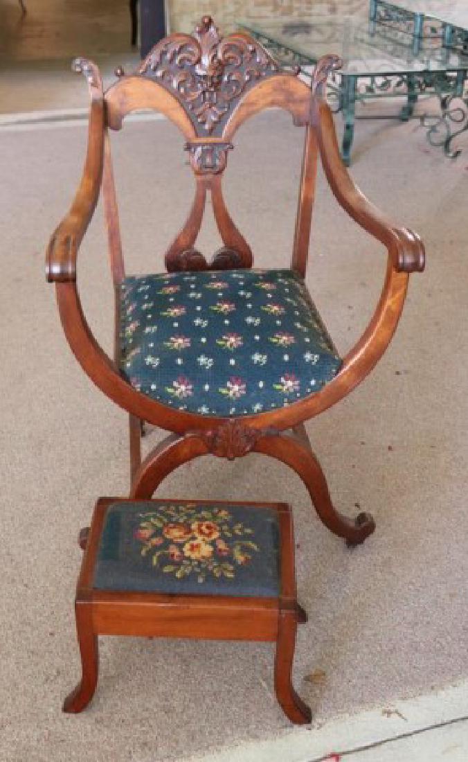 NORTH WIND CHAIR AND MATCHING FOOT STOOL: WITH CUSTOM TAPESTRY UPHOLSTERY, CHAIR IS 37"H X 24"W X 19.5"D