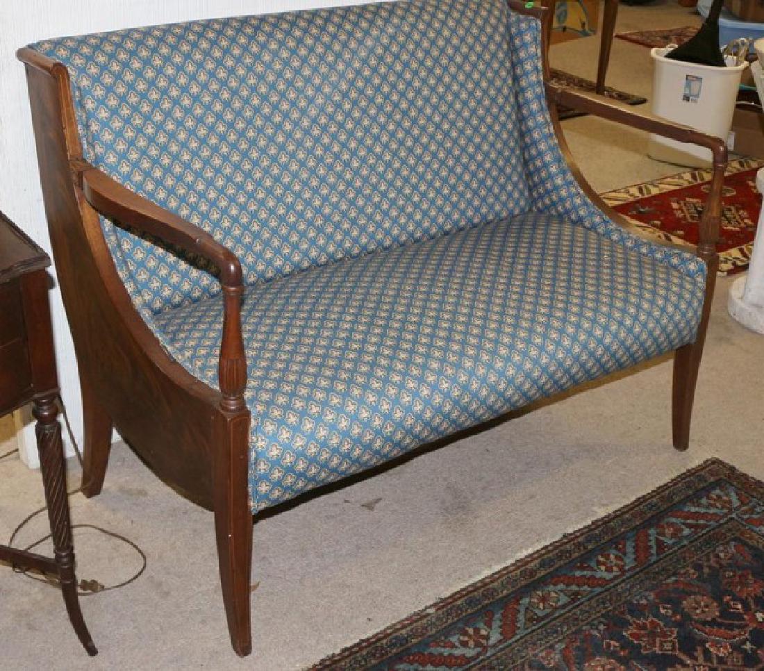 HOLLYWOOD REGENCY STYLE SETTEE W/ BURL VENEER,: HIGH SIDES, REEDED COLUMNS AND BLUE UPHOLSTERY, REPAIR TO 1 ARM, 33"H X 44"W X 26"D