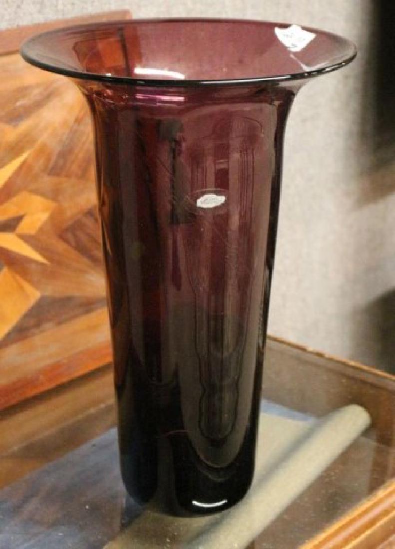 BLENKO 14.5 IN. PURPLE GLASS VASE, FLARED AT: TOP