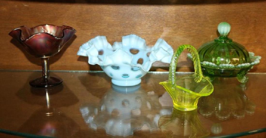 4 PCS CARNIVAL & DEPRESSION GLASS INCL. SMALL: AMETHYST RUFFLED COMPOTE, BLUE COIN DOT CANDY, MINI VASELINE BASKET, GREEN W/ OPALESCENT TRIM CANDY DISH W/ LID