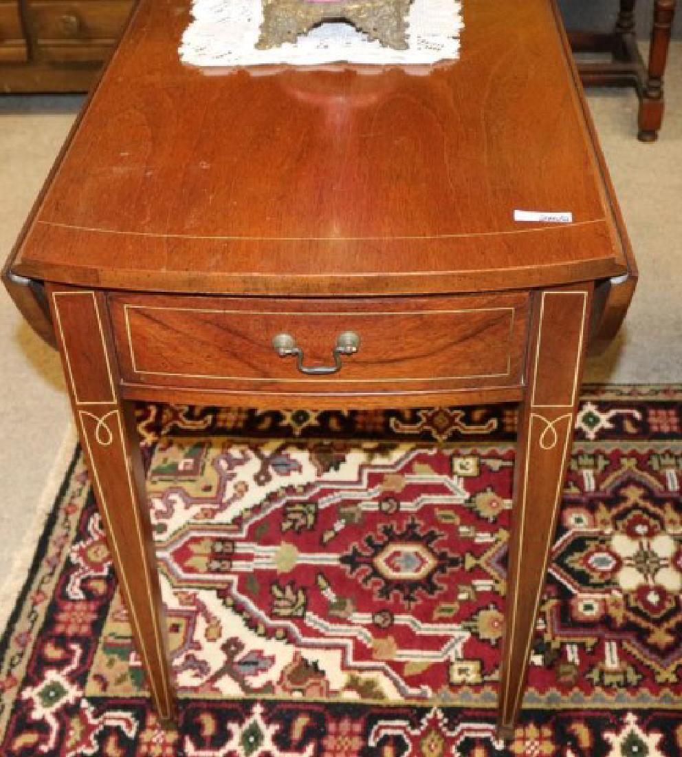 PAIR PEMBROKE STYLE DROP LEAF SIDE TABLES, INLAID: BANDING ON TOP AND LEGS, TAPERED LEGS, ONE DRAWER, 25"H X 35" DIAMETER (W/ DROP LEAVES) 29"D