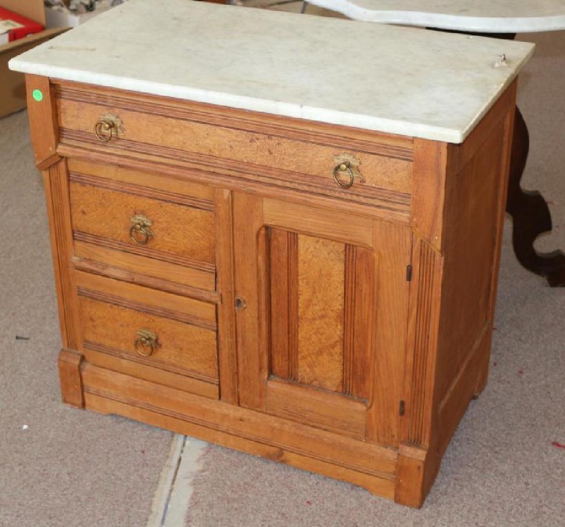 OAK MARBLE TOP COMMODE WITH BIRDS EYE MAPLE: ACCENTS ON DRAWERS AND DOOR, MISSING MARBLE BACKSPLASH & SIDES, COULD USE RESTORATION, 27.5"T X 30"W X 16.5"D