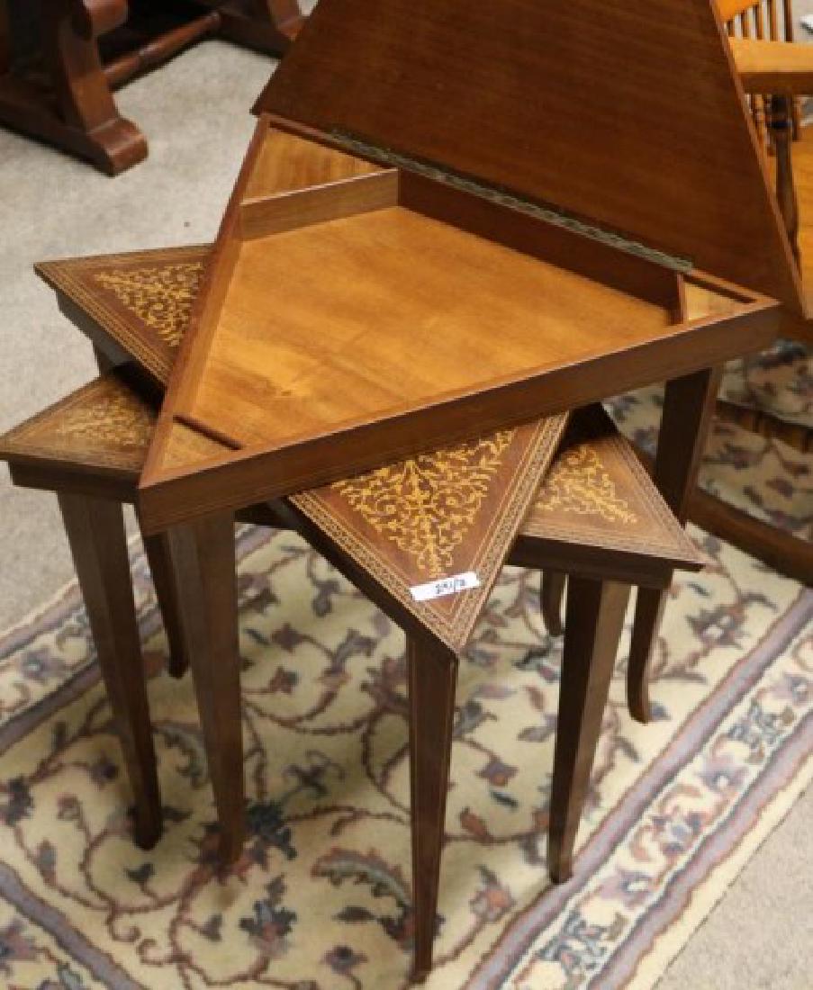 2 SETS OF 3 ITALIAN STACKING TRIANGLE TABLES, ONE: SET INCLUDES MUSIC BOX PLAYING O SOL E MIO, INLAID DESIGN, SOME WEAR TO TOPS
