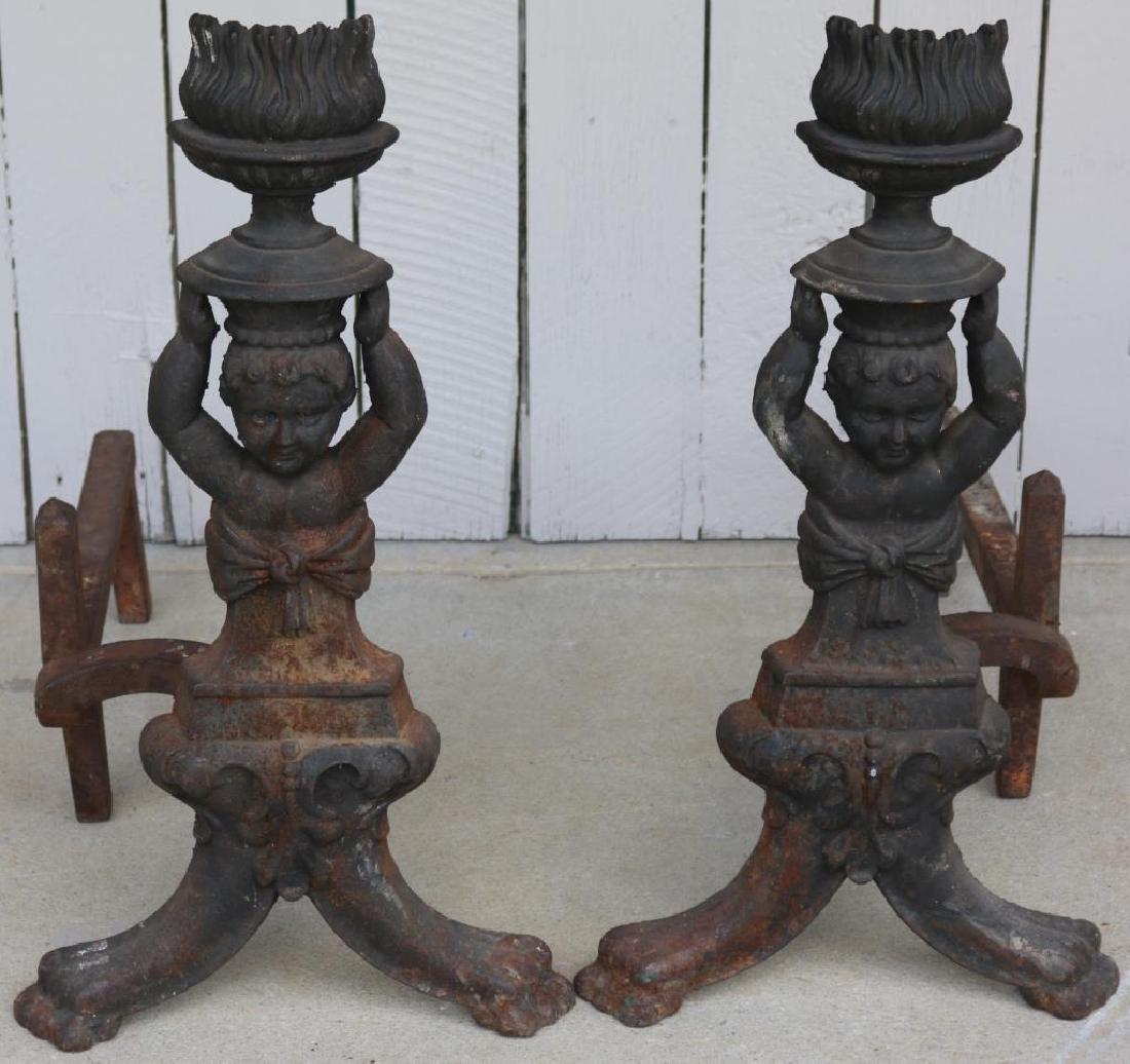 PR 19TH C. CAST IRON FIGURAL ANDIRONS, CHERUBS W/: FLAME, 25"H X 13 1/2"W X 23 1/2"D