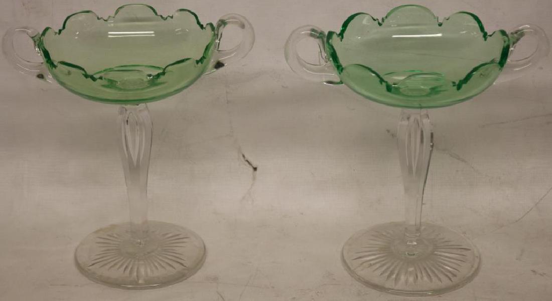 PR CUT GLASS HANDLED TAZZAS, UNUSUAL VASELINE GLAS: BOWLS, 8 3/4"H X 8 1/2"W X 6"D, TEAR DROP BUBBLE STEMS, POSSIBLY PAIRPOINT