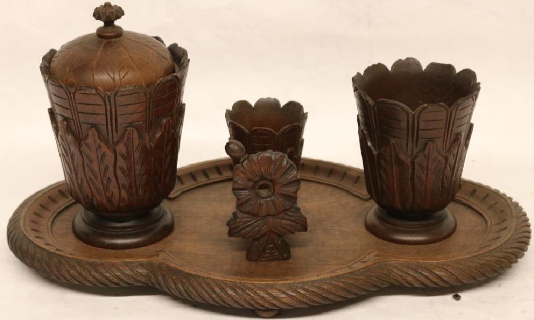 CARVED WALNUT SMOKING STAND, INCL CIGAR CUTTER,: COVERED JAR & 2 OPEN JARS, 7 1/2"H X 15"W X 9"D, ORIGINAL FINISH