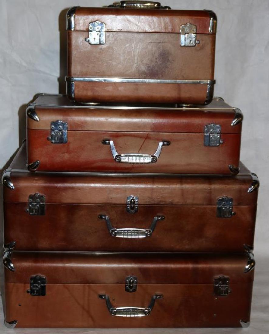 VINTAGE SET OF 1940'S WHEARY LUGGAGE W/CHROME: TRIM, INCL ONE 10"H X 14 1/2"W X 8" MAKE UP TRAIN CASE, ONE 7"H X 21"W X 14" SUITCASE, TWO 8"H X 25 1/2"W X 20" SUITCASES, GOOD OVERALL CONDITION
