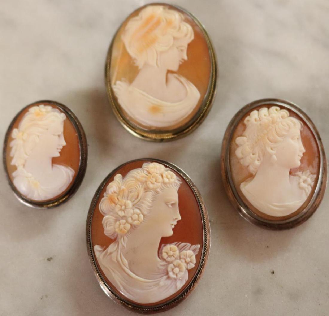 LOT OF 4 SHELL CARVED CAMEOS W/LADIES HEADS, 3 IN: SILVER FRAMES, 1" TO 1 1/2"H