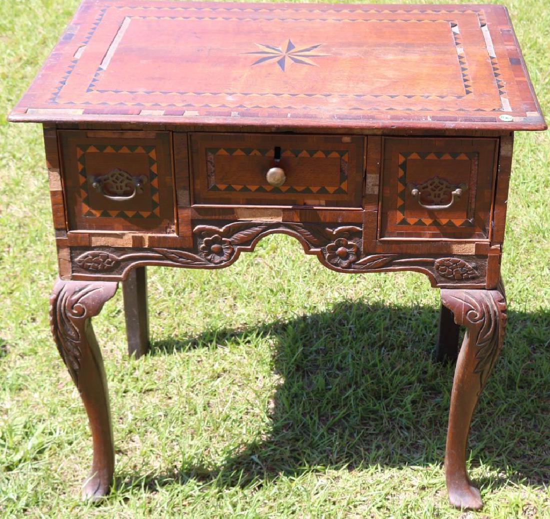18TH/19TH C. INLAID LOWBOY W/ CARVED DECORATION,: SHOWS LARGE AMOUNT OF INLAY & VENEER LOSS, 28 1/2"H X 29 1.2"W X 21"D