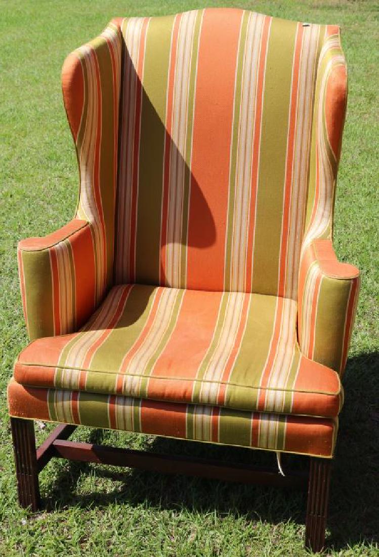SIGNED KITTINGER WING CHAIR, STOCK FLUTED FRONT: LEGS, FROM COLONIAL WILLIAMSBURG LINE, 45 1/2"H X 32"W X 24"D