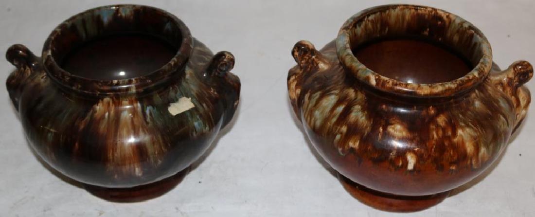 2 ART POTTERY MAJOLICA STYLE HANDLED VASES, 6: 1/2"