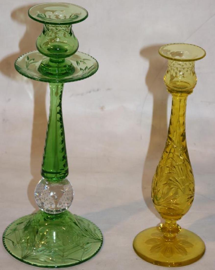 2 PAIRPOINT CANDLESTICKS, 10 1/4" CANARY YELLOW: BUTTERFLY DESIGN, 11 1/2" GREEN & CLEAR W/ BUBBLE BALL & BUTTERFLY DESIGN