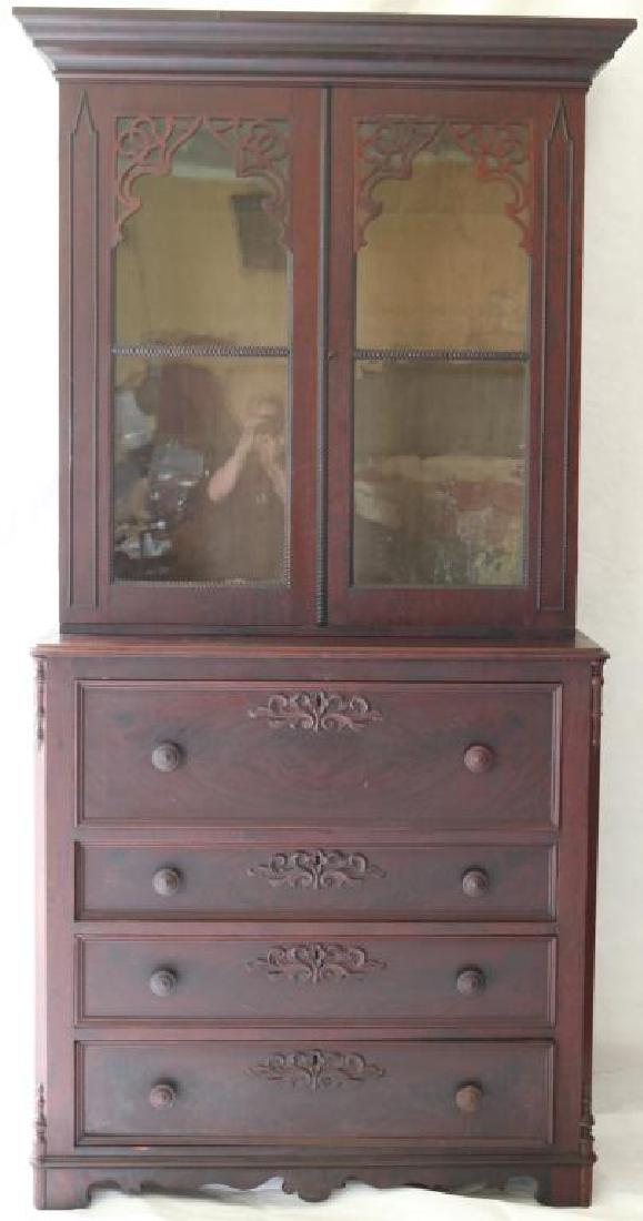 EARLY 19TH C. MAHOGANY BUTLERS SECRETARY DESK: W/ GOTHIC DESIGN, RIBBON MOLDING, FITTED DESK INTERIOR, ORIGINAL FINISH, FROM OLD KENTUCKY FAMILY, APPROX. 88" H X 46 1/2" W X 20 1/2" D