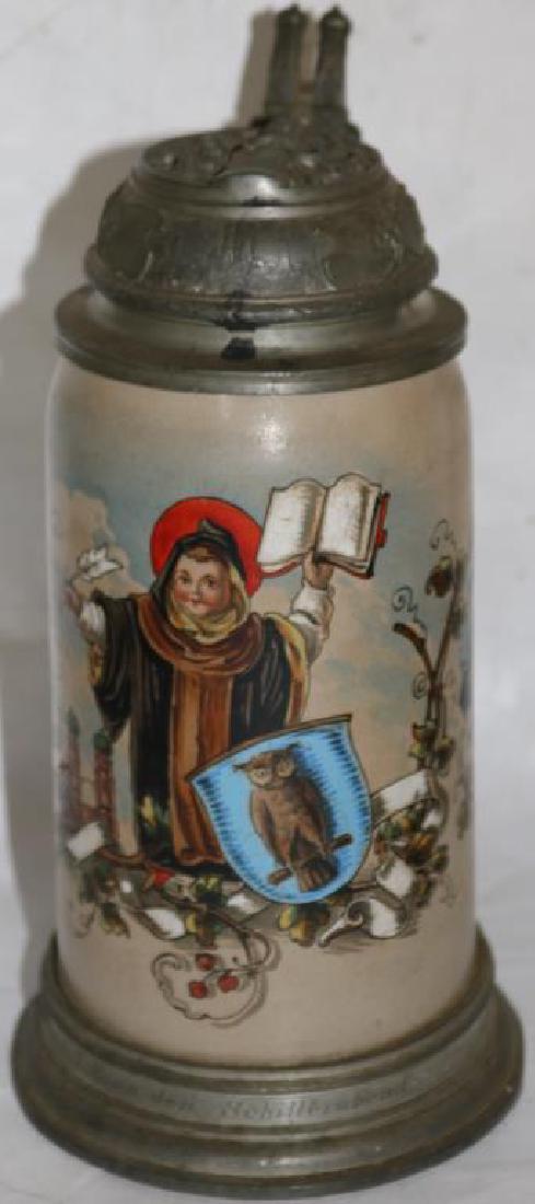 GERMAN STONEWARE STEIN W/PEWTER TOP AND: BASE, PAINTED MUNICH ELF DESIGN, 9 3/4"H