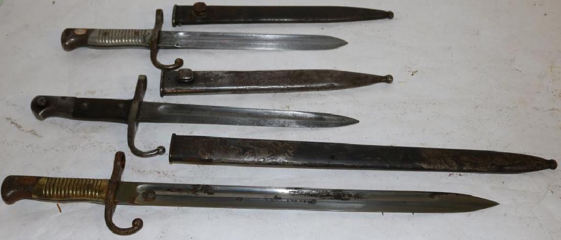 LOT OF 3 19TH C. MAUSER STYLE BAYONETS TO INCL: PERU RED IN SIZE GERMAN BRASS GRIP, 15 1/2" TO 21"L SOME SURFACE RUST