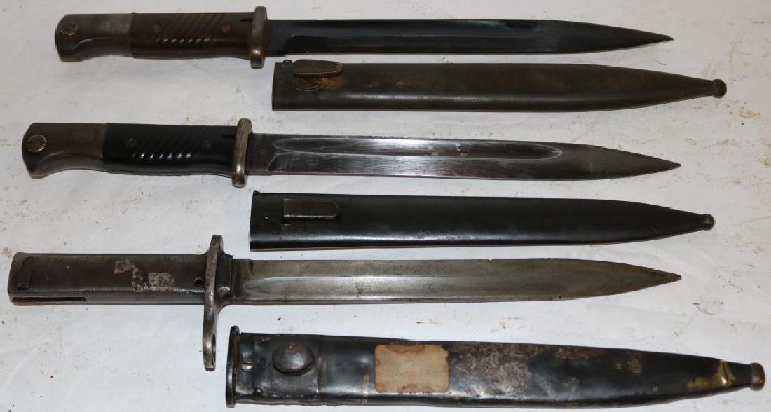 LOT OF 3 BAYONETS TO INCL GERMAN MODEL 98K,: GERMAN MODEL 84-98 3RD TYPE, LATE WAR GERMAN BAYONETS/SCABBARD, 15 1/2" TO 16"L