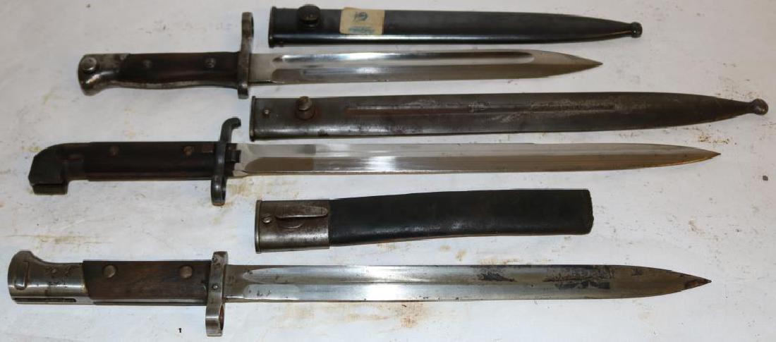 LOT OF 3 BAYONETS W/SCABBARDS, 1 SCABBARD: MISSING LOWER END, WW1 MAUSER STYLE 15 1/2" TO 19"L