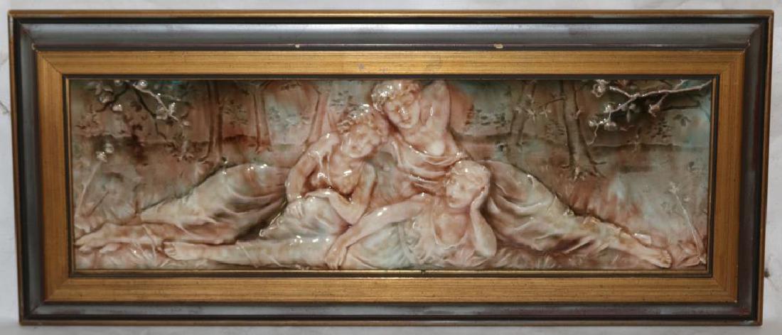 EMBOSSED ART NOUVEAU PLAQUE, MAJOLICA TILE: DEPICTING 3 WOMEN, OVERALL 9" X 21 1/4"
