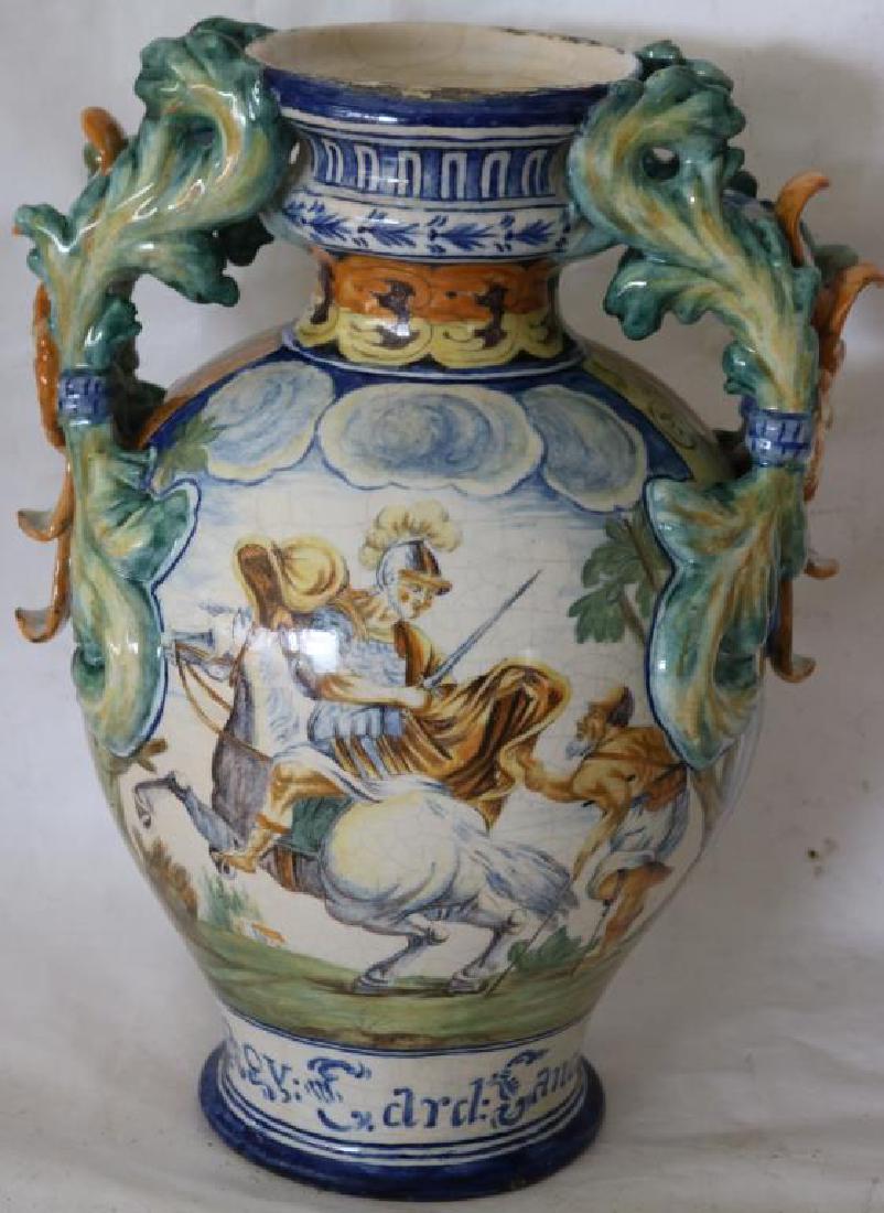 ITALIAN FAIENCE W/HANDLES, EMBOSSED, CLASSICAL: SCENE, DATED 1702, EARLY 20TH COPY, 17"H X 12"W