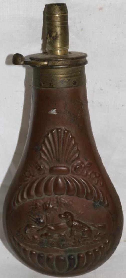 19TH C. BRASS AND COPPER EMBOSSED POWDER: FLASK, DOG DESIGN, 7 1/4"L