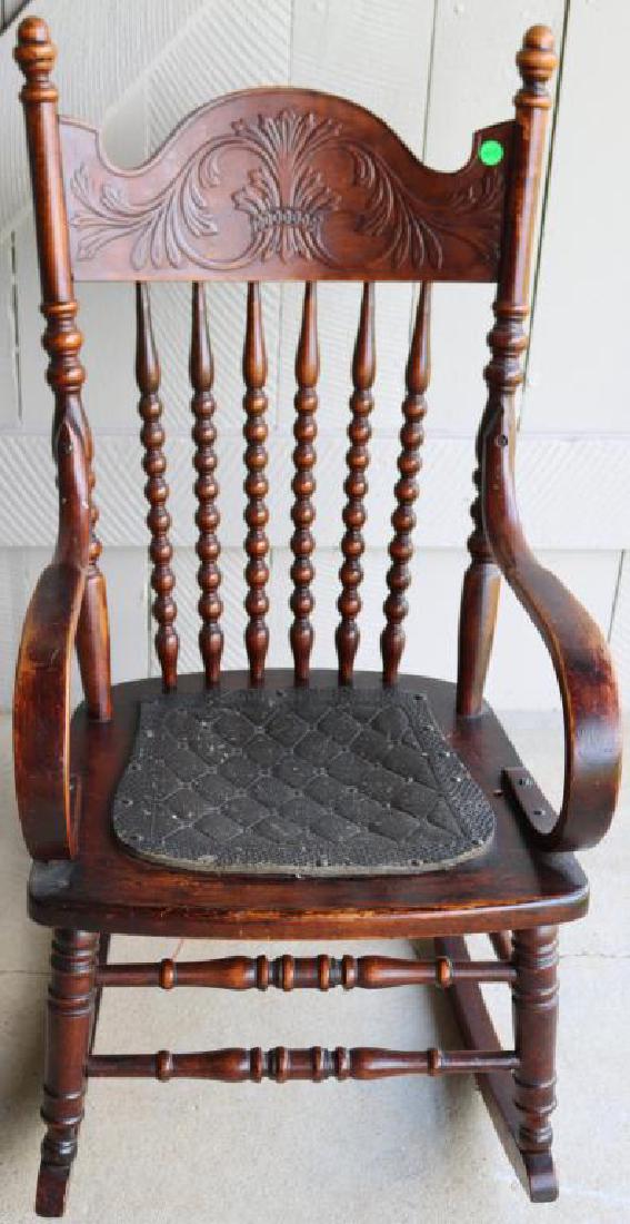 VICTORIAN PRESSED BACK YOUTH ROCKER,: LEATHER SEAT, OLD FINISH, 34 1/2"H X 17 1/2"W X 27"D