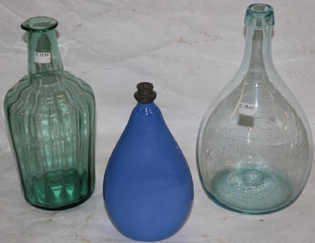 COLLECTION OF 3 BLOWN BOTTLES, BLUE, CLEAR: AND AQUA, 8" TO 10 1/4"H