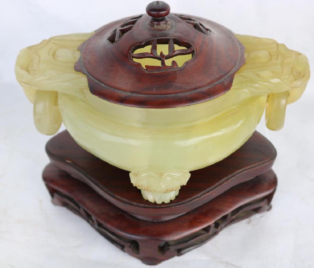 CARVED JADE INCENSE BURNER, CARVED WOODEN TOP,: FOO DOGS WITH RING HANDLES, CARVED FEET, TEAK BASE, OVERALL SIZE 6 1/2" H, 7 1/4" W, 9 1/2" D