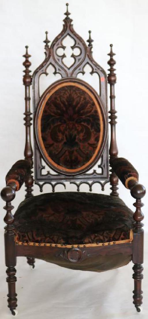LARGE GOTHIC VICTORIAN ARM CHAIR ROSEWOOD GRAINED: MAHOGANY UPHOLSTERED BACK & SEAT, ORIGINAL FINISH, 55 1/2" H, 25 1/2" W, 24" D, SEAT 15" H