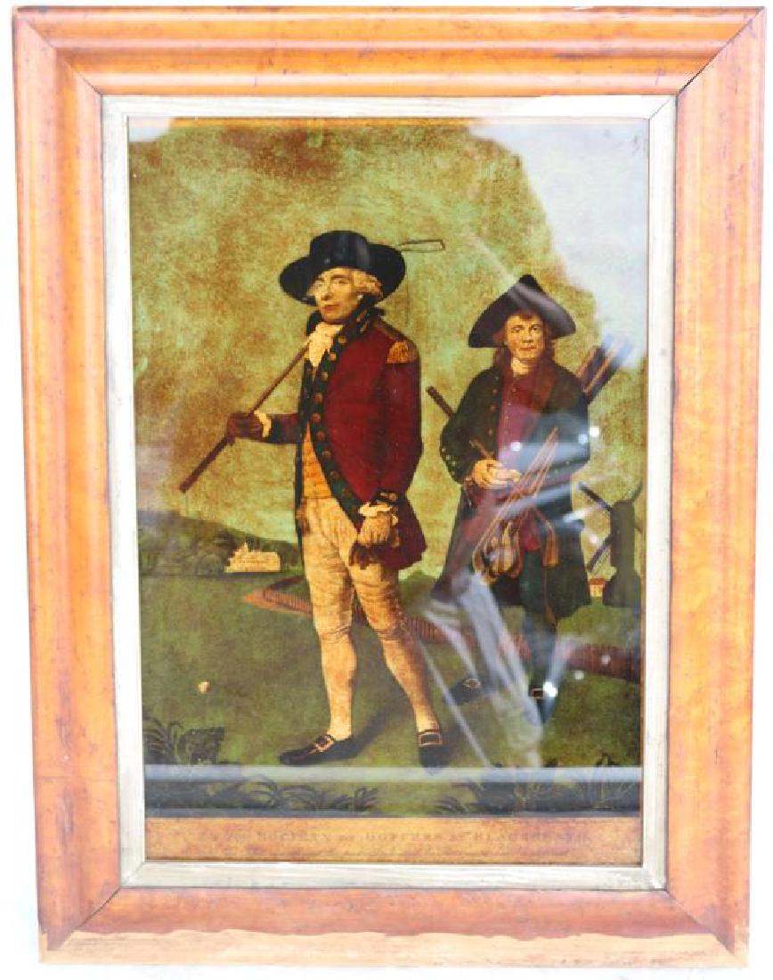 DECORATIVE GOLF PRINT IN BIRDS EYE MAPLE FRAME,: SOME VENEER MISSING, 21 3/4" X 16 1/2", OVERALL