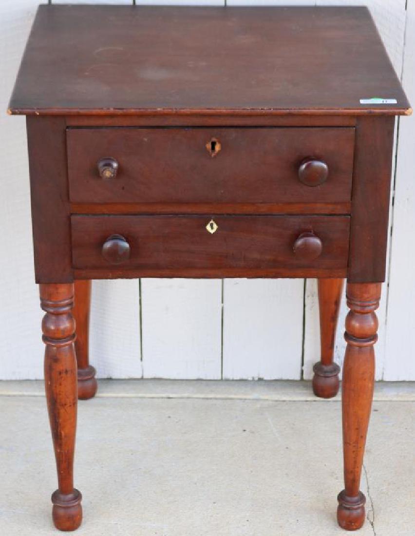 EARLY 19TH C. SHERATON 2 DRAWER STAND WITH INLAID: ESCUTCHEONS, 26" H, 19 1/2" W, 16 3/4" D
