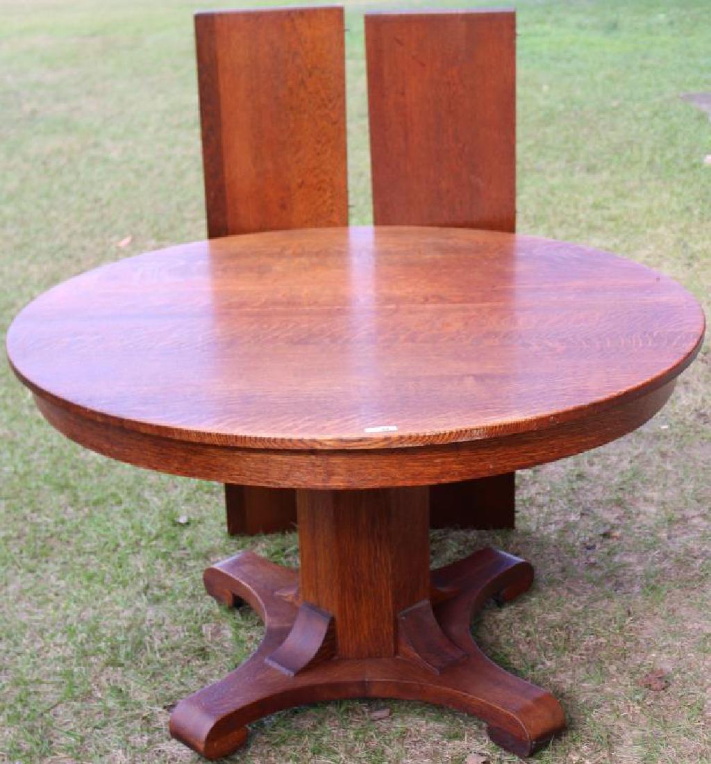 STICKLEY BROS. MISSION OAK ROUND PEDESTAL TABLE,: TIGER OAK, OLD FINISH, 30" H, 48 1/2" DIA. WITH TWO 12" LEAVES
