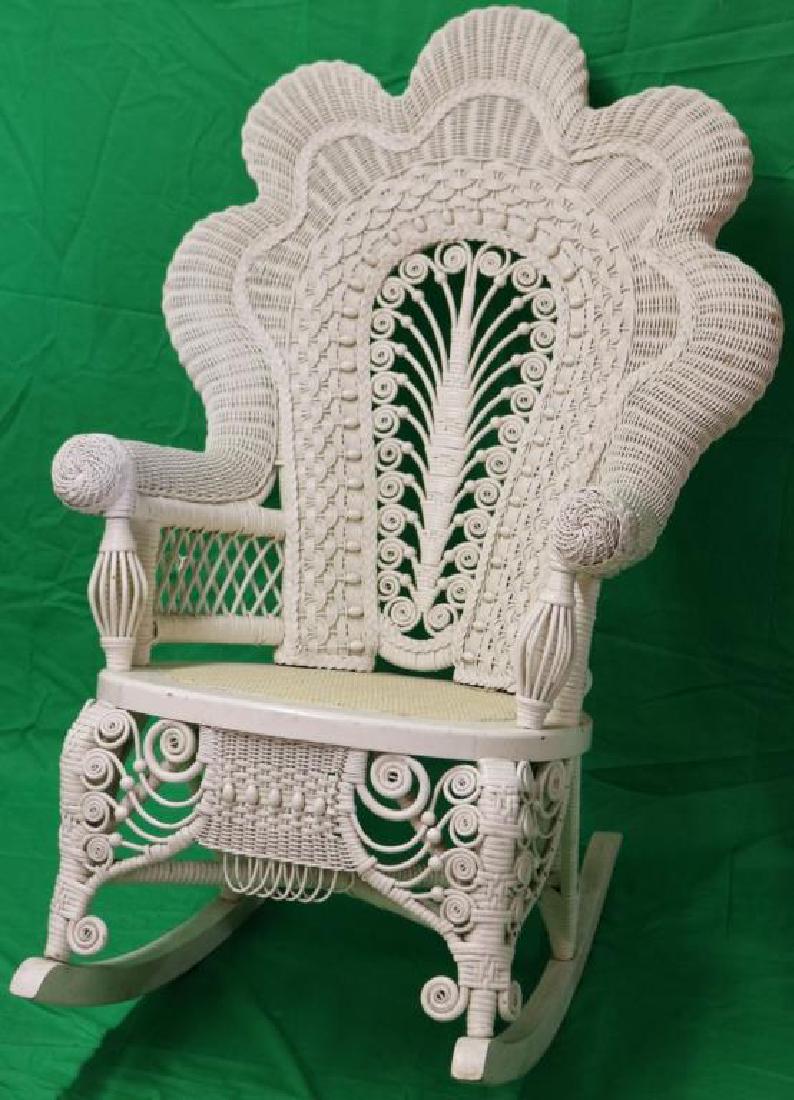 ORNATE LATE 20TH C. VICTORIAN STYLE WICKER ROCKER: W/ ROLLED ARMS, MADE FOR RALPH LAUREN, REPLACED WOVEN SEAT, MICHAEL BADEN COLLECTION, 45 1/2" H X 26 1/2" W X 36" D