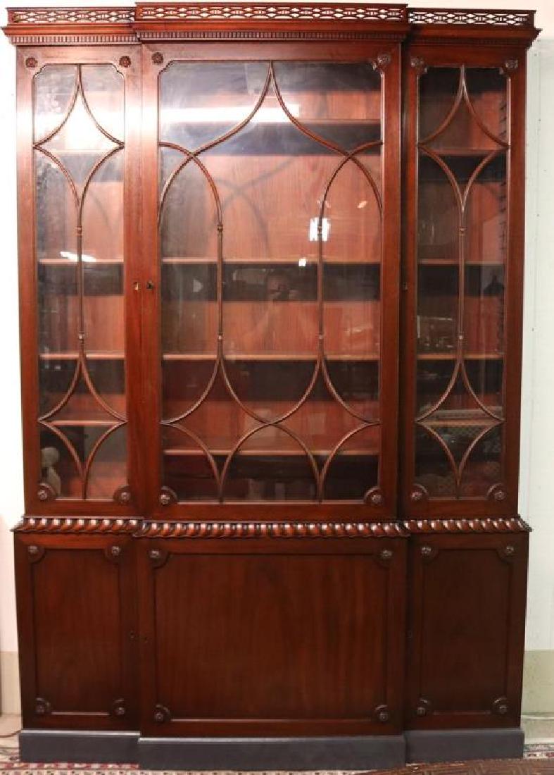 KITTINGER MAHOGANY BREAKFRONT, COLONIAL: WILLIAMSBURG, LARGE ADJUSTABLE SHELF TOP, COMPLETELY HANDMADE, SHOWS REPLACEMENT TO BASE, MISSING 2 PIECES OF FRONT WORK & TOP, OLD FINISH, 91 1/2" H X 63 1/2" W X 15" D