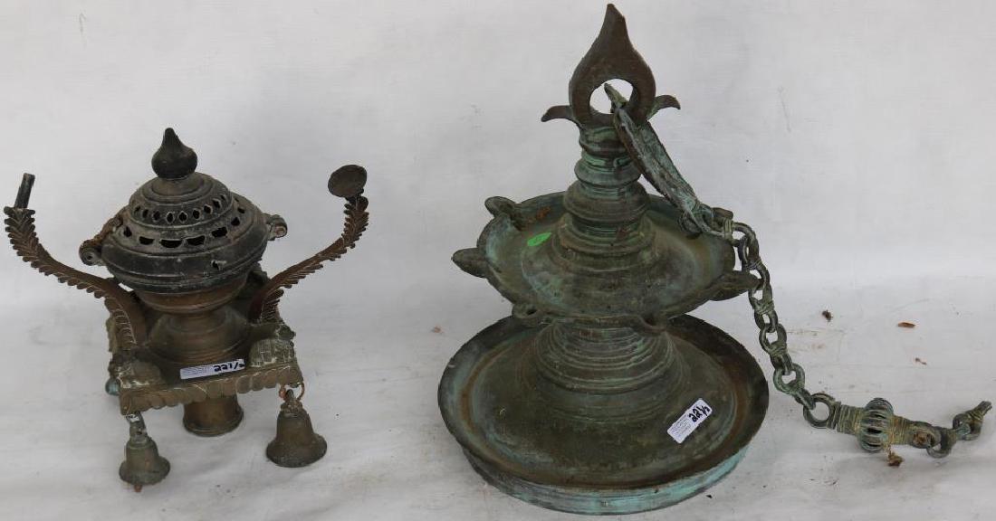 2 TIBETAN BRASS & BRONZE INCENSE BURNERS INCL 1: HANGING WITH 7 PORTS & 1 TO BE PLACED ON POLE, 10" TO 14" H, LATE 19TH C.