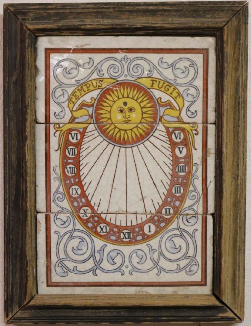 19TH C. 3 SECTION TILE SUNDIAL, FRAMED, SCROLL: ROMAN NUMERAL & SUN DESIGN, TILE SIZE 14" H X 9 3/4" W OVERALL, NO METAL DIRECTIONAL, CENTER TILE SHOWS CRACK