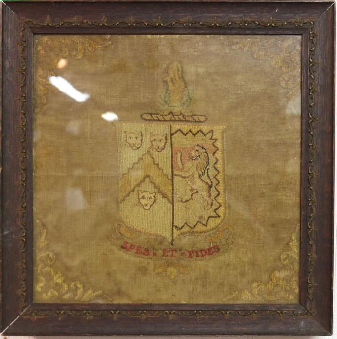 EARLY 19TH C. NEEDLEWORK FAMILY CREST IN: VICTORIAN OAK FRAME, 13" X 13" SIGHT, SHOWS DISCOLORING