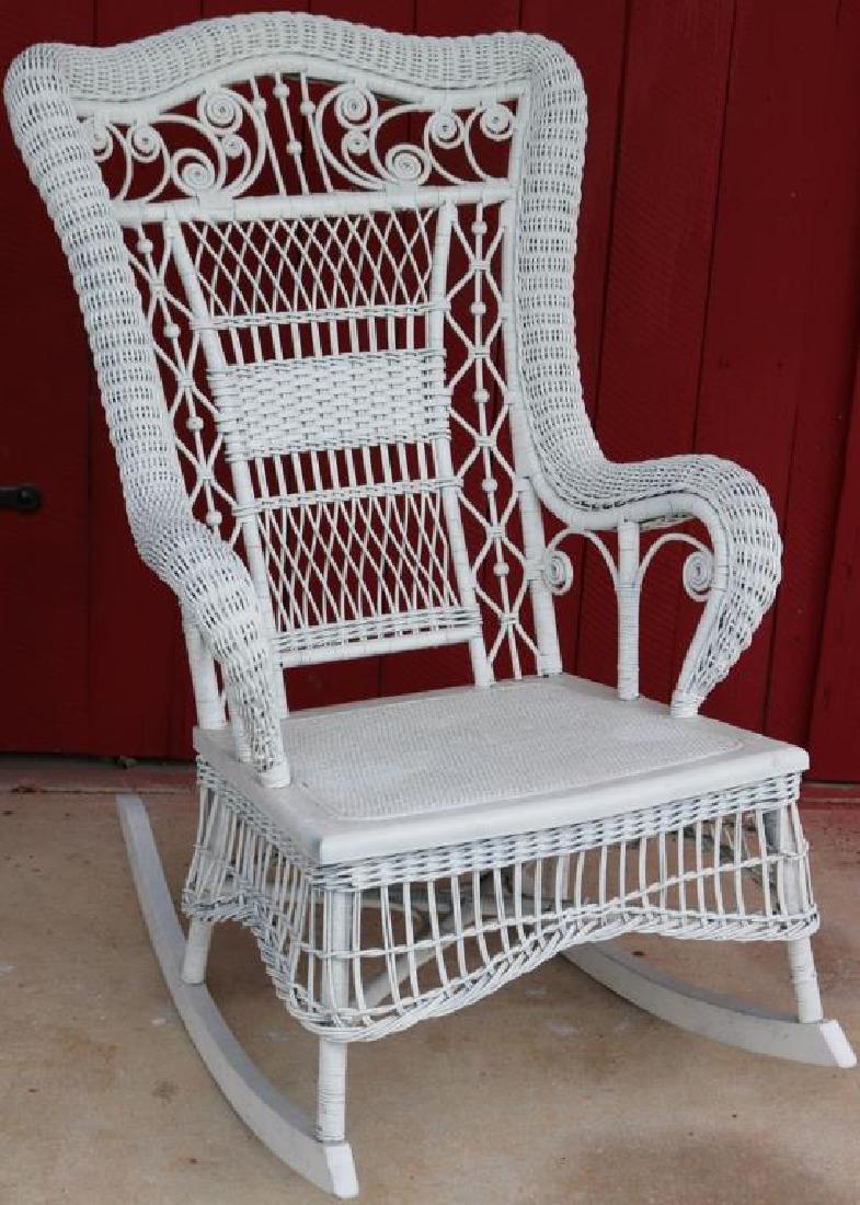 ORNATE VICTORIAN WICKER ROLLED ARM ROCKER, FAIR: OVERALL CONDITION, NO VISIBLE BREAKS, 42" H X 26" W X 36" D, 17" SEAT HEIGHT