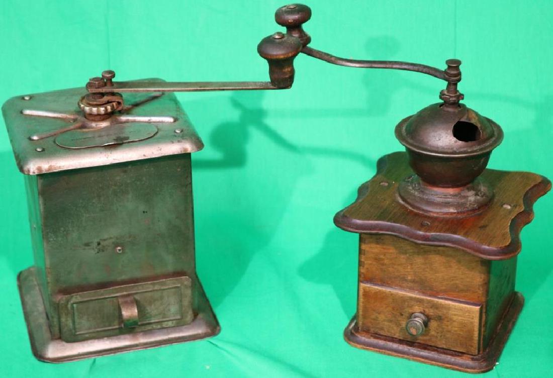 2 OLD COFFEE GRINDERS INC METAL WITH DRAWER,: 10", 10 1/2" WOOD & METAL WITH DRAWER