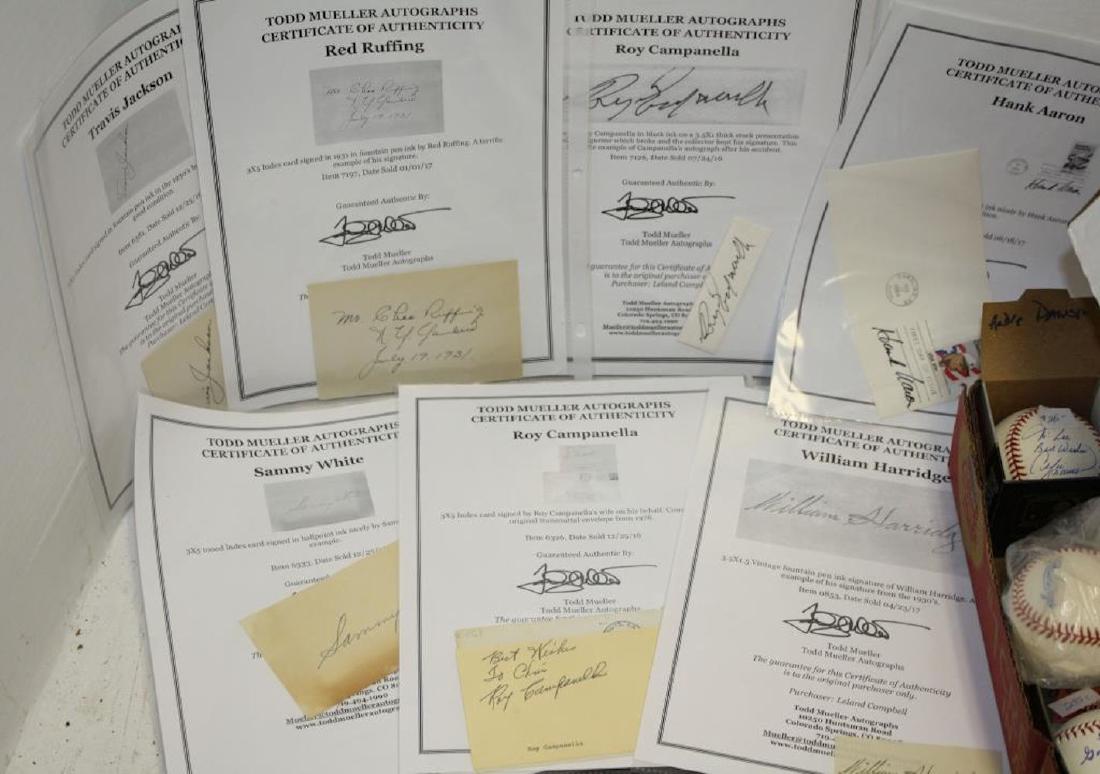 LOT OF 7 BASEBALL AUTOGRAPHS MOSTLY BY HALL OF: FAME PLAYERS. ALL ARE ACCOMPANIED WITH CERTIFICATE OF AUTHENTICITY FROM TODD MUELLER AUTOGRAPHS, COLORADO SPRINGS, COLORADO. THE LOT INCLUDES HANK AARON, RED RUFFING OF THE NY YANKEES 1931, 2 BY ROY C
