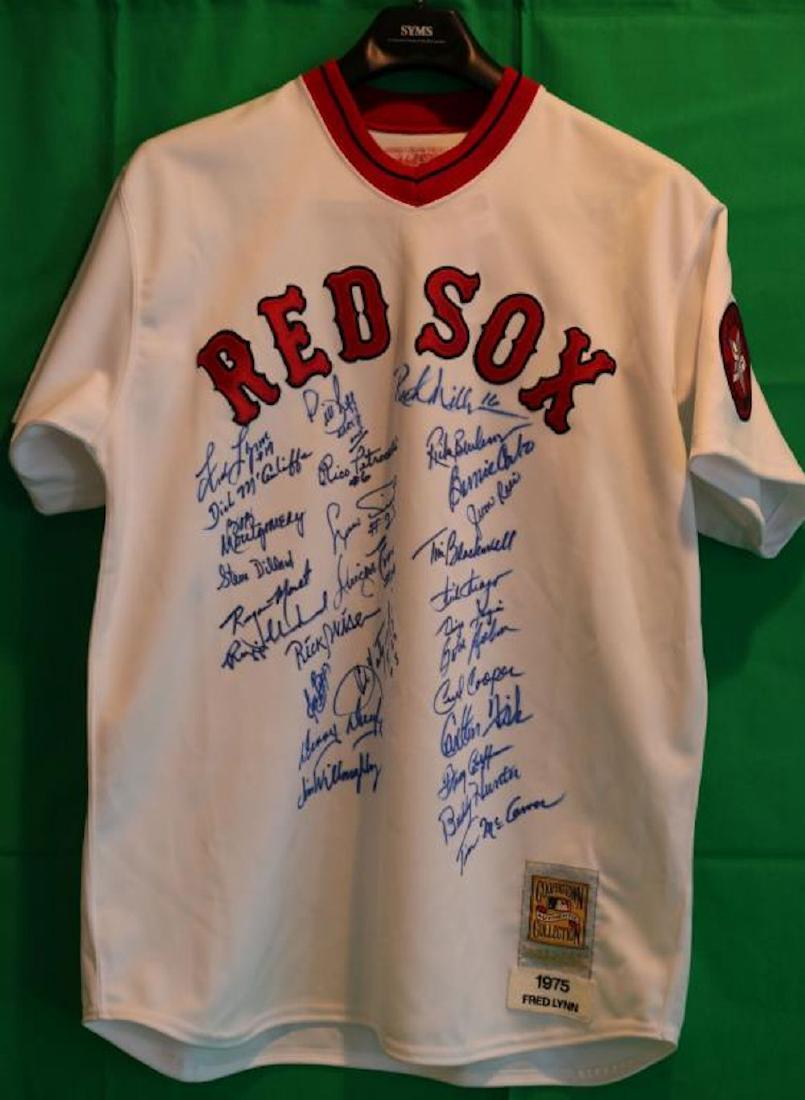 AUTHENTIC MITCHELL & NESS RED SOX 1975 TEAM: SIGNED JERSEY #19, FRED LYNN, OTHER SIGNATURES TO INCLUDE LUIS TIANT, RICO PETROCELLI, CARLTON FISK, RICK WISE, DICK DRAGO, CECIL COOPER, BUTCH HOBSON AND OTHERS, SIZE 48 WITH MASSACHUSETTS BICENTENNI